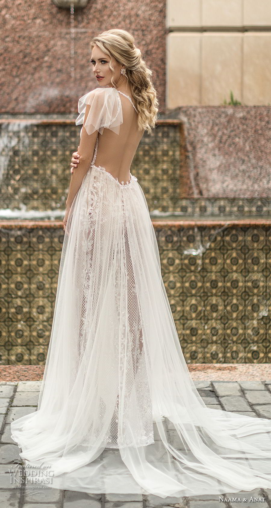 naama anat spring 2019 bridal one shoulder slope neckline full embellishment slit skirt romantic sheath wedding dress a  line overskirt sheer back chapel train (3) bv