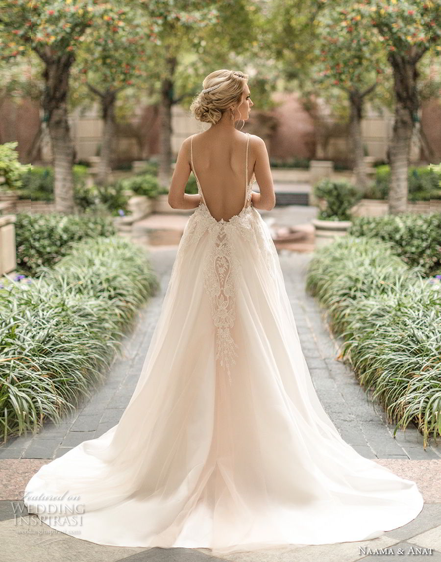 naama anat spring 2019 bridal sleeveless with strap deep v neck full embellishment sexy glamorous sheath wedding dress a  line overskirt low open back chapel train (4) bv