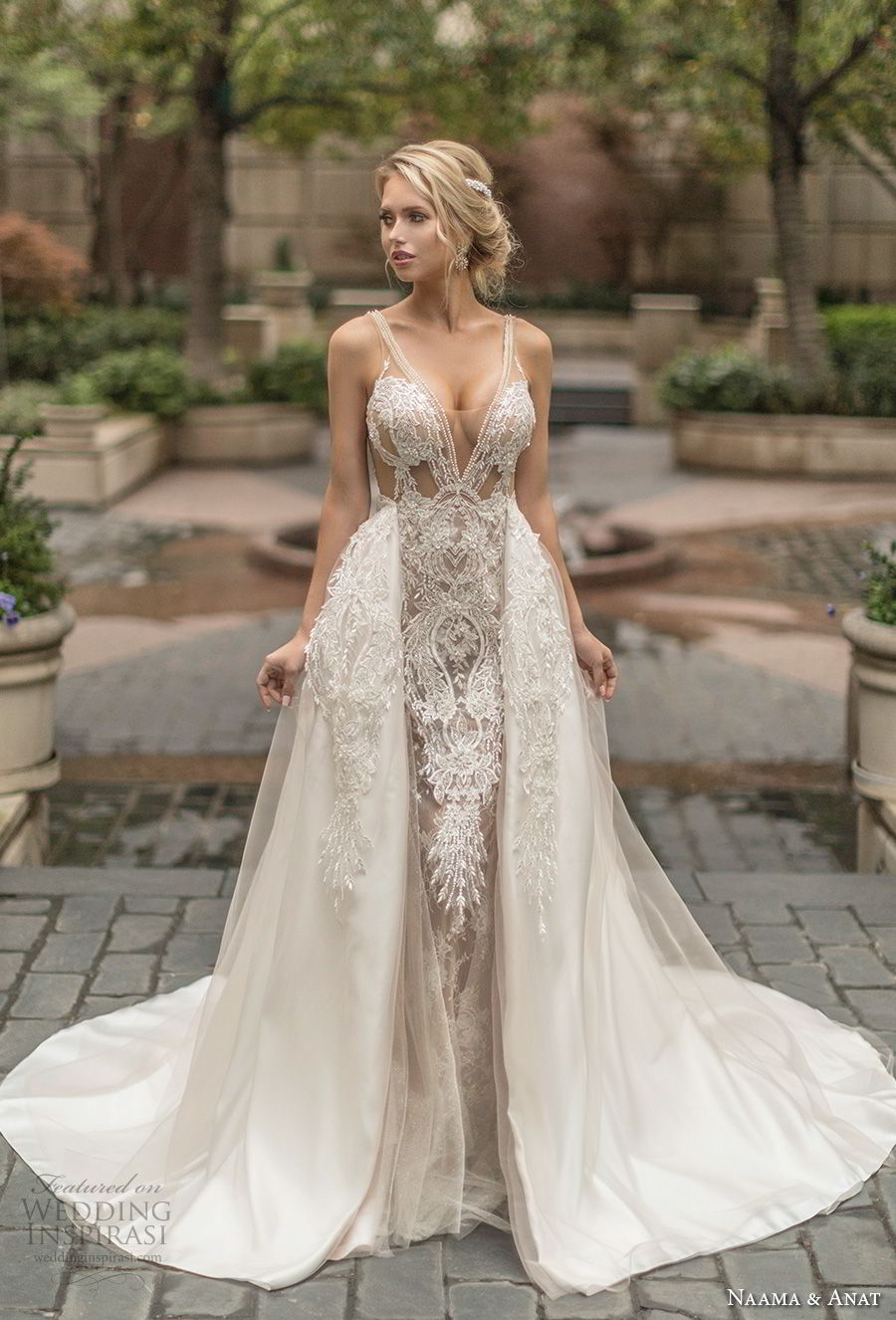 naama anat spring 2019 bridal sleeveless with strap deep v neck full embellishment sexy glamorous sheath wedding dress a  line overskirt low open back chapel train (4) mv