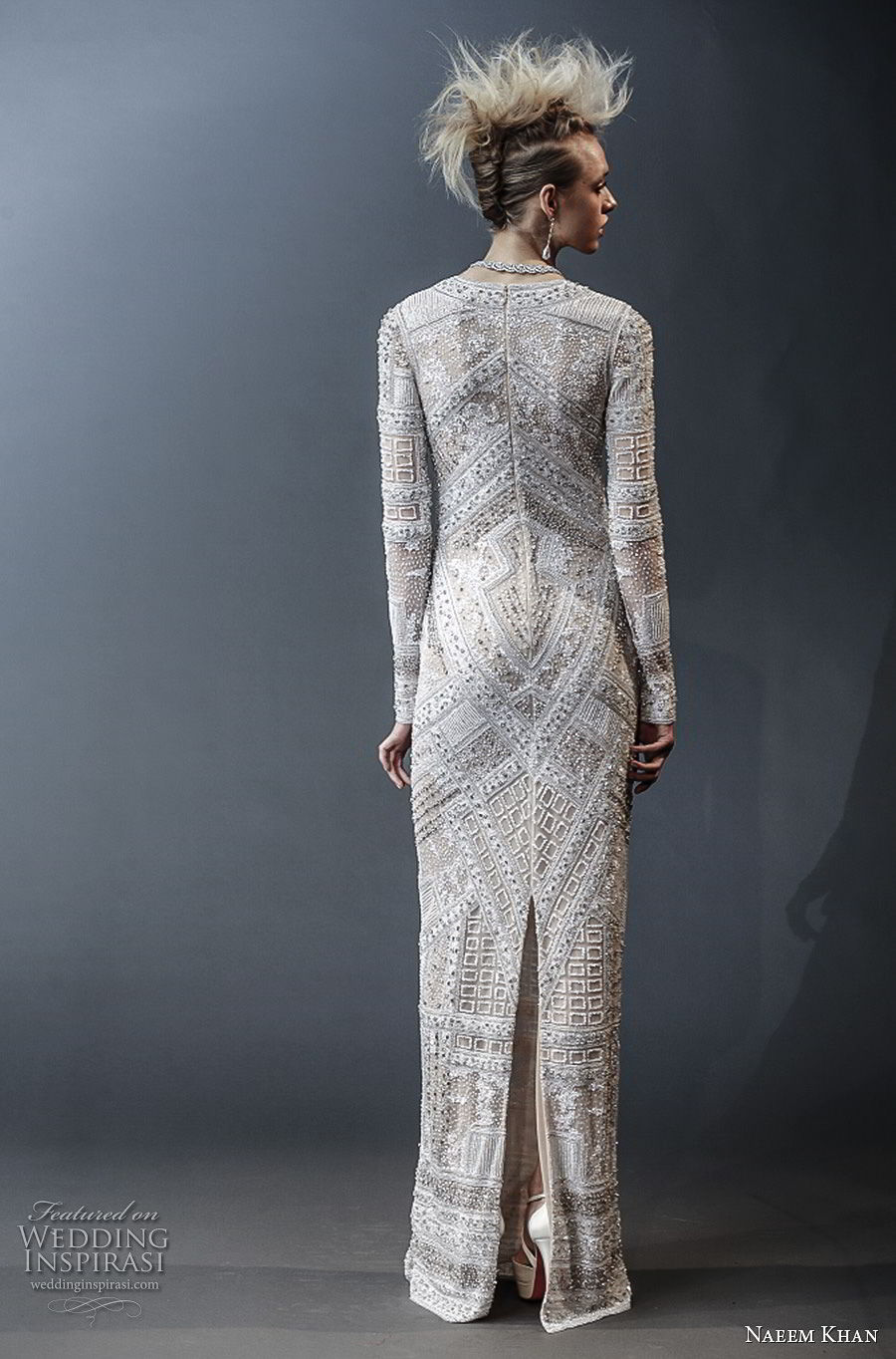 naeem khan spring 2019 bridal long sleeves deep v neck full embellishment glamorous modern column wedding dress covered back sweep train (9) bv