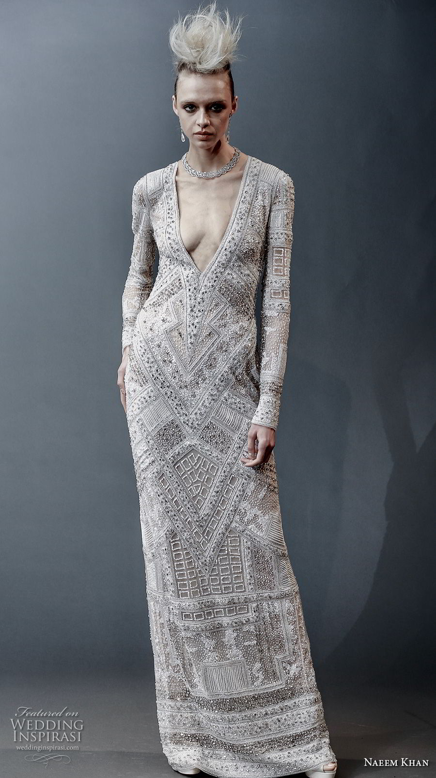 naeem khan spring 2019 bridal long sleeves deep v neck full embellishment glamorous modern column wedding dress covered back sweep train (9) mv