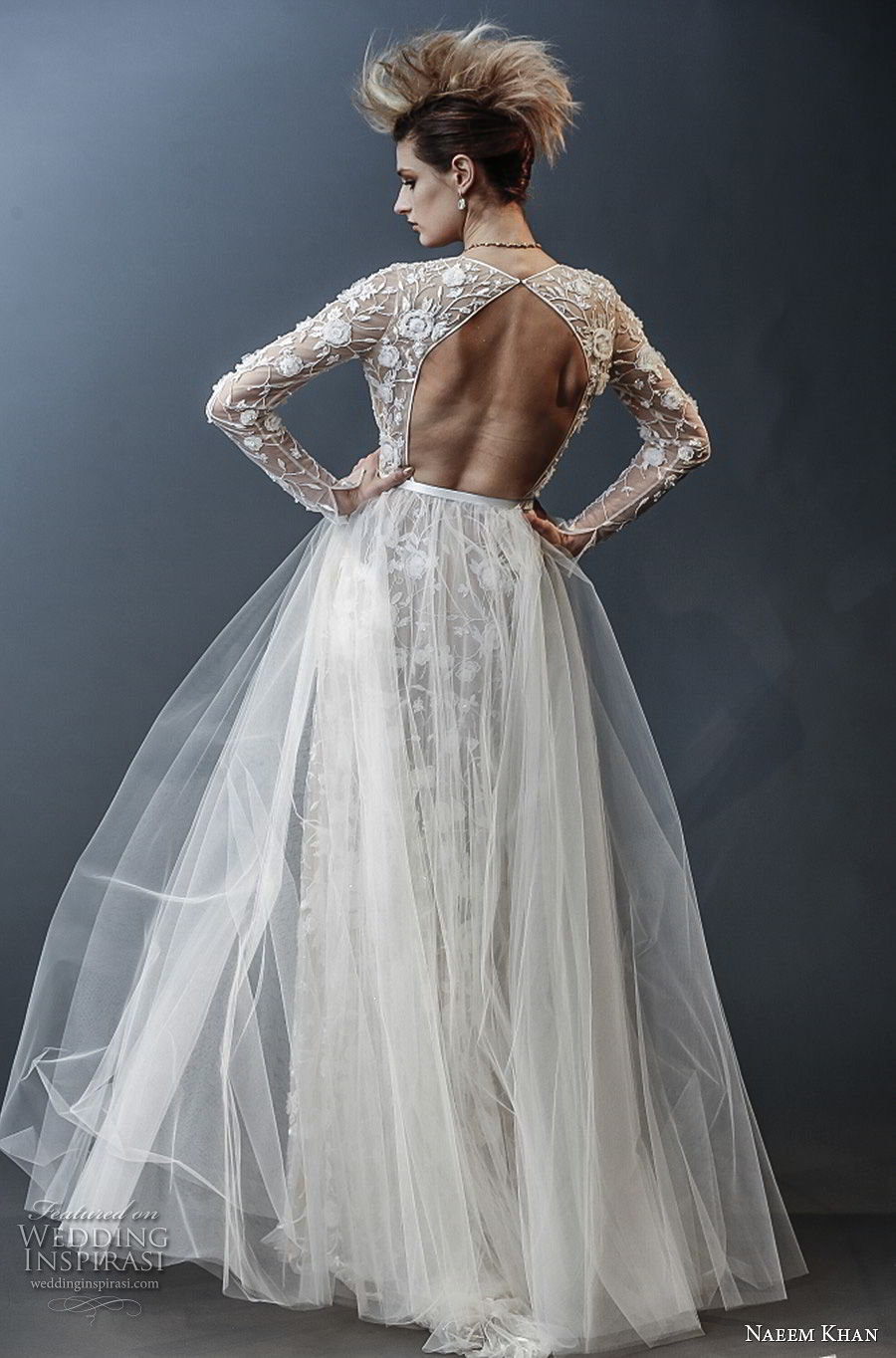 naeem khan spring 2019 bridal long sleeves deep v neck full embellishment sexy romantic sheath wedding dress a  line overskirt keyhole back sweep train (3) bv