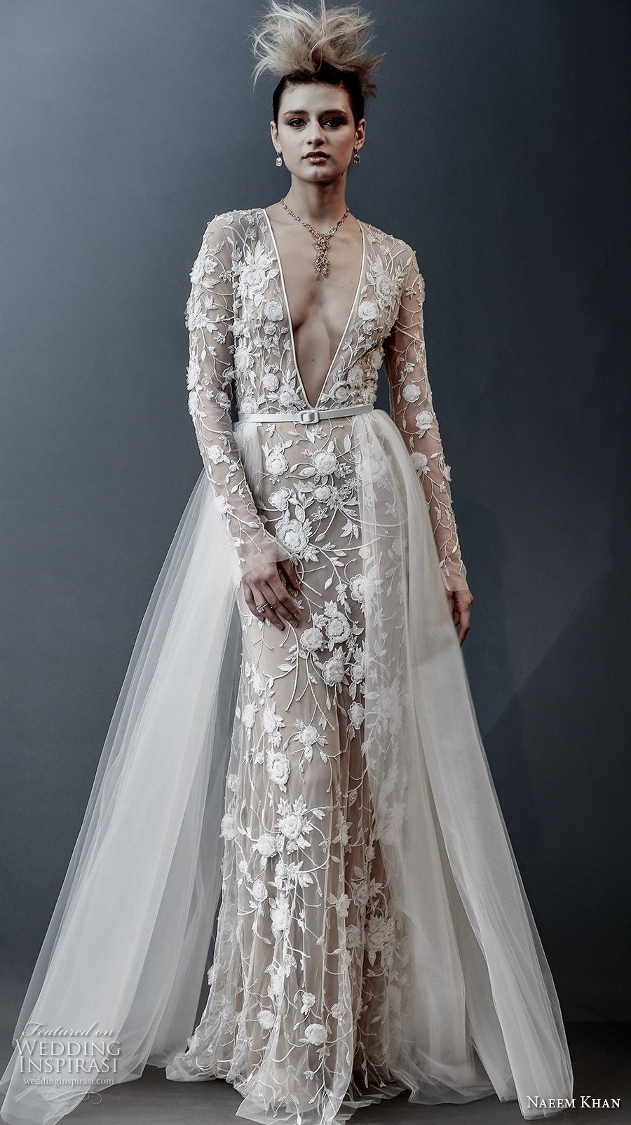 naeem khan spring 2019 bridal long sleeves deep v neck full embellishment sexy romantic sheath wedding dress a  line overskirt keyhole back sweep train (3) mv