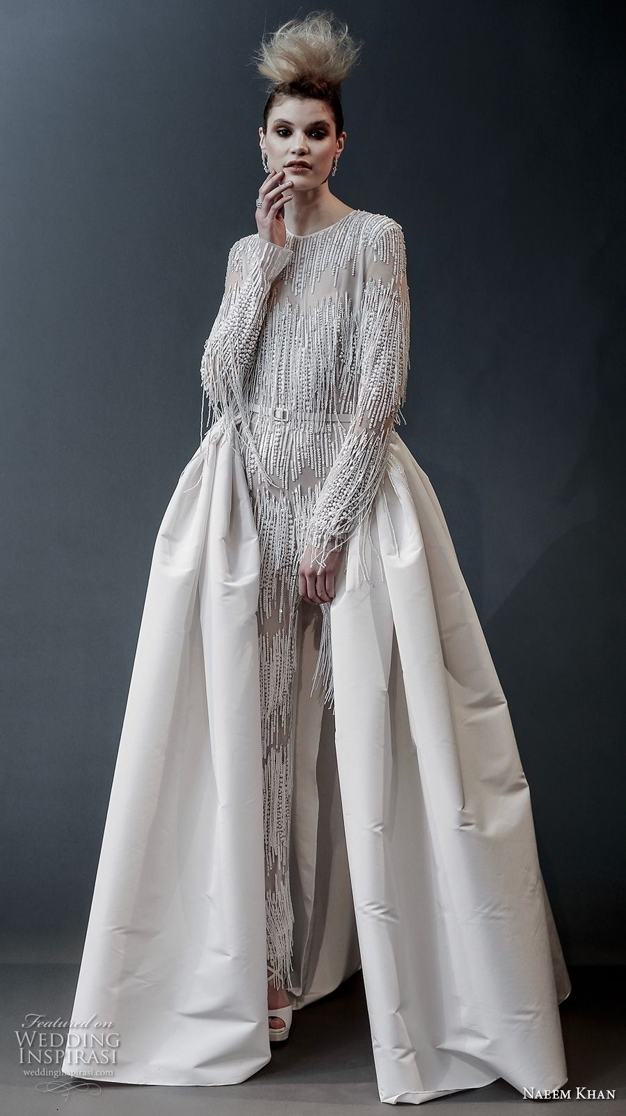 naeem khan spring 2019 bridal long sleeves jewel neck full embellishment modern glamorous jumpsuit wedding dress a  line overskirt covered back sweep train (4) mv