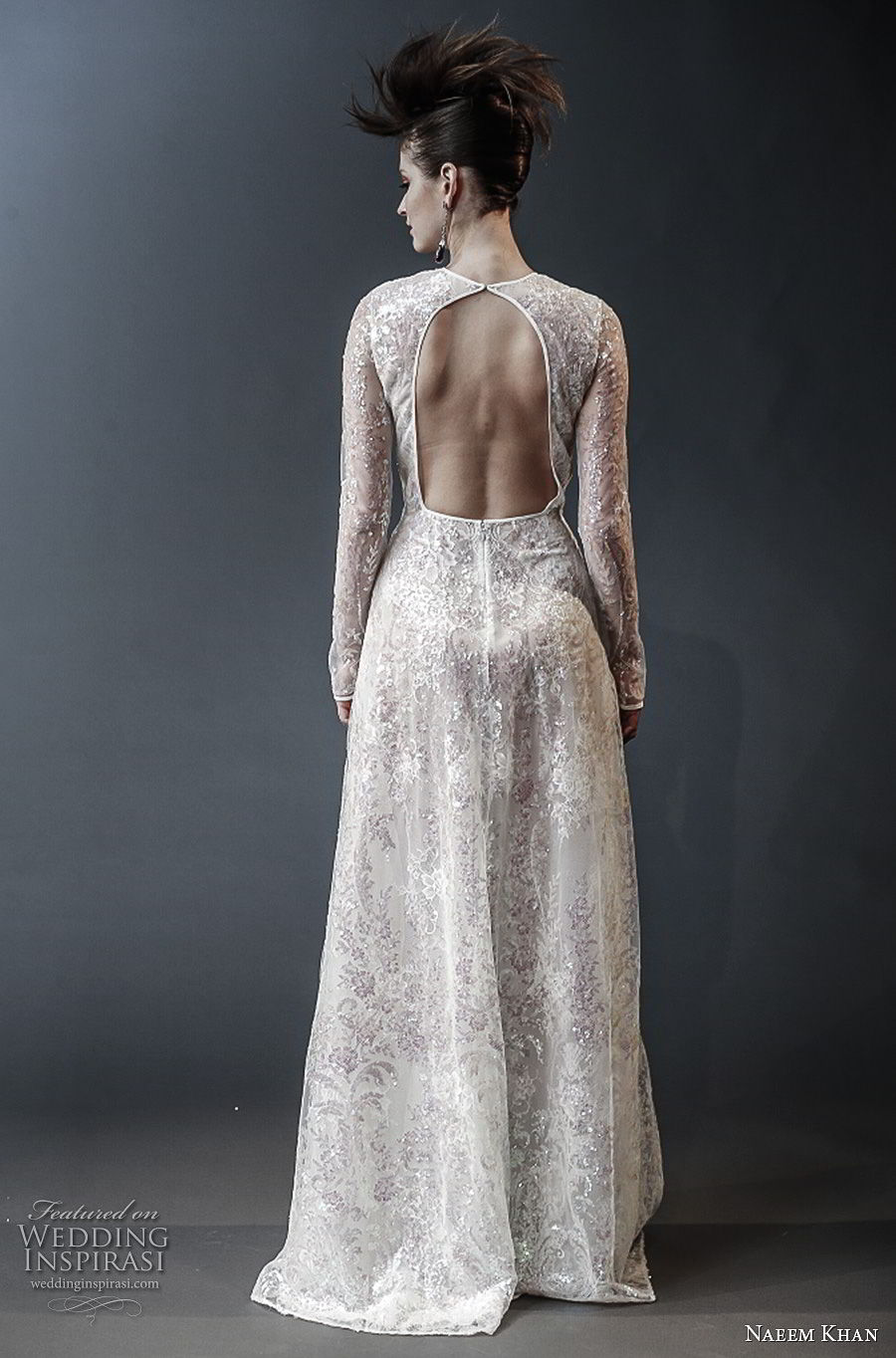 naeem khan spring 2019 bridal long sleeves jewel neck full embellishment modest modified a  line wedding dress keyhole back (6)  bv