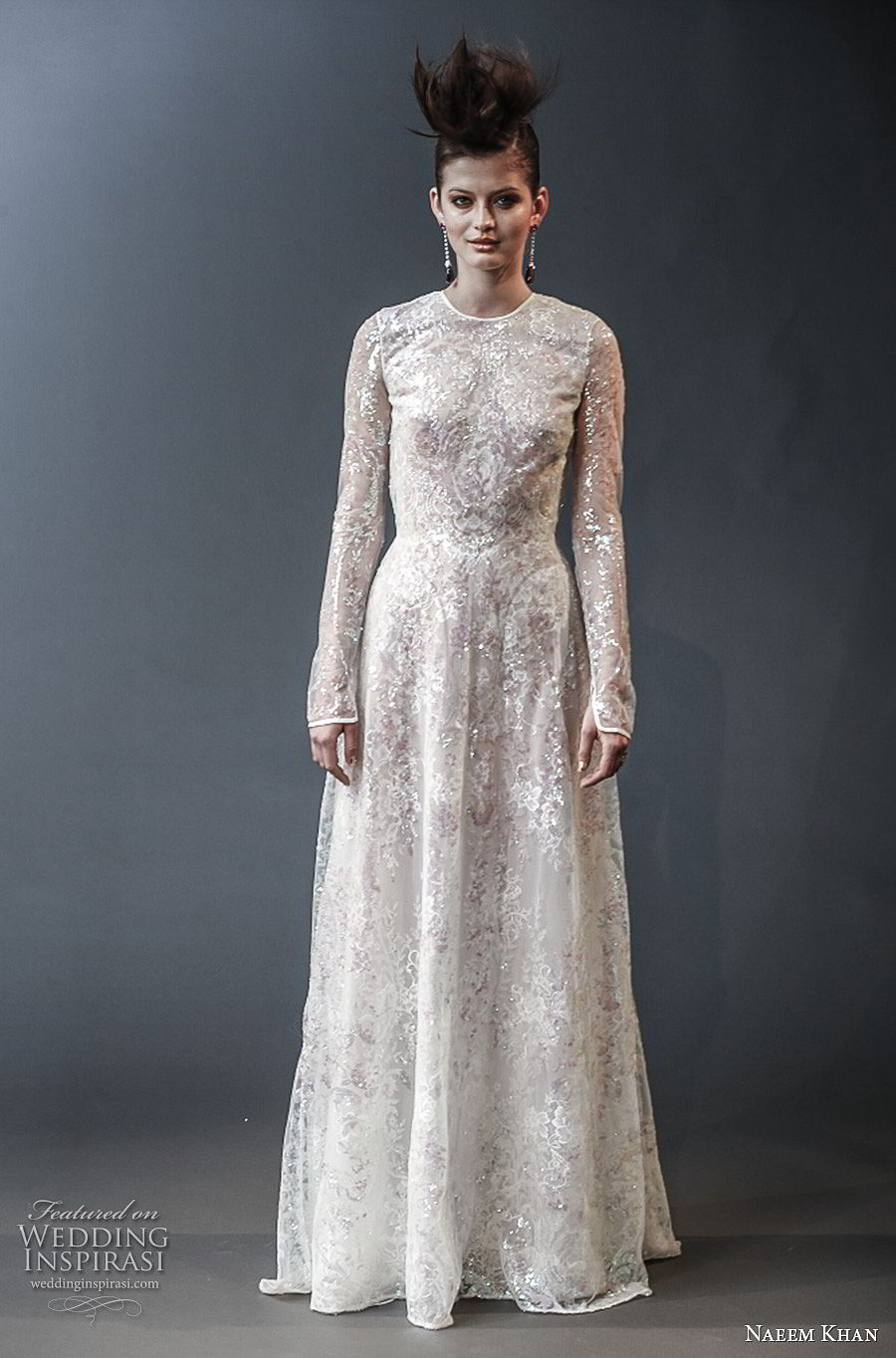 naeem khan spring 2019 bridal long sleeves jewel neck full embellishment modest modified a  line wedding dress keyhole back (6)  mv