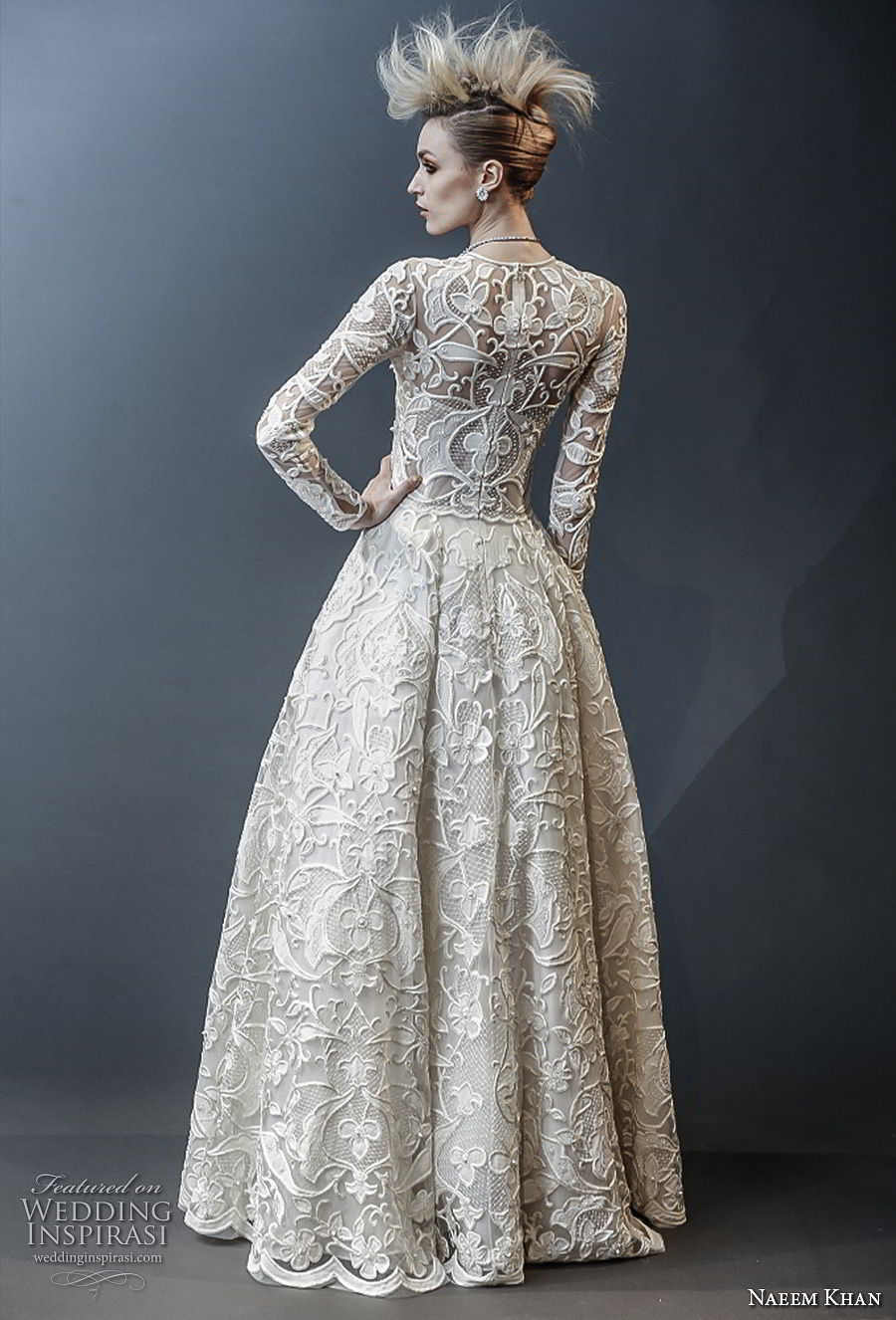 naeem khan spring 2019 bridal long sleeves jewel neck full embellishment modest princess ball gown a  line wedding dress covered lace back sweep train (1) bv