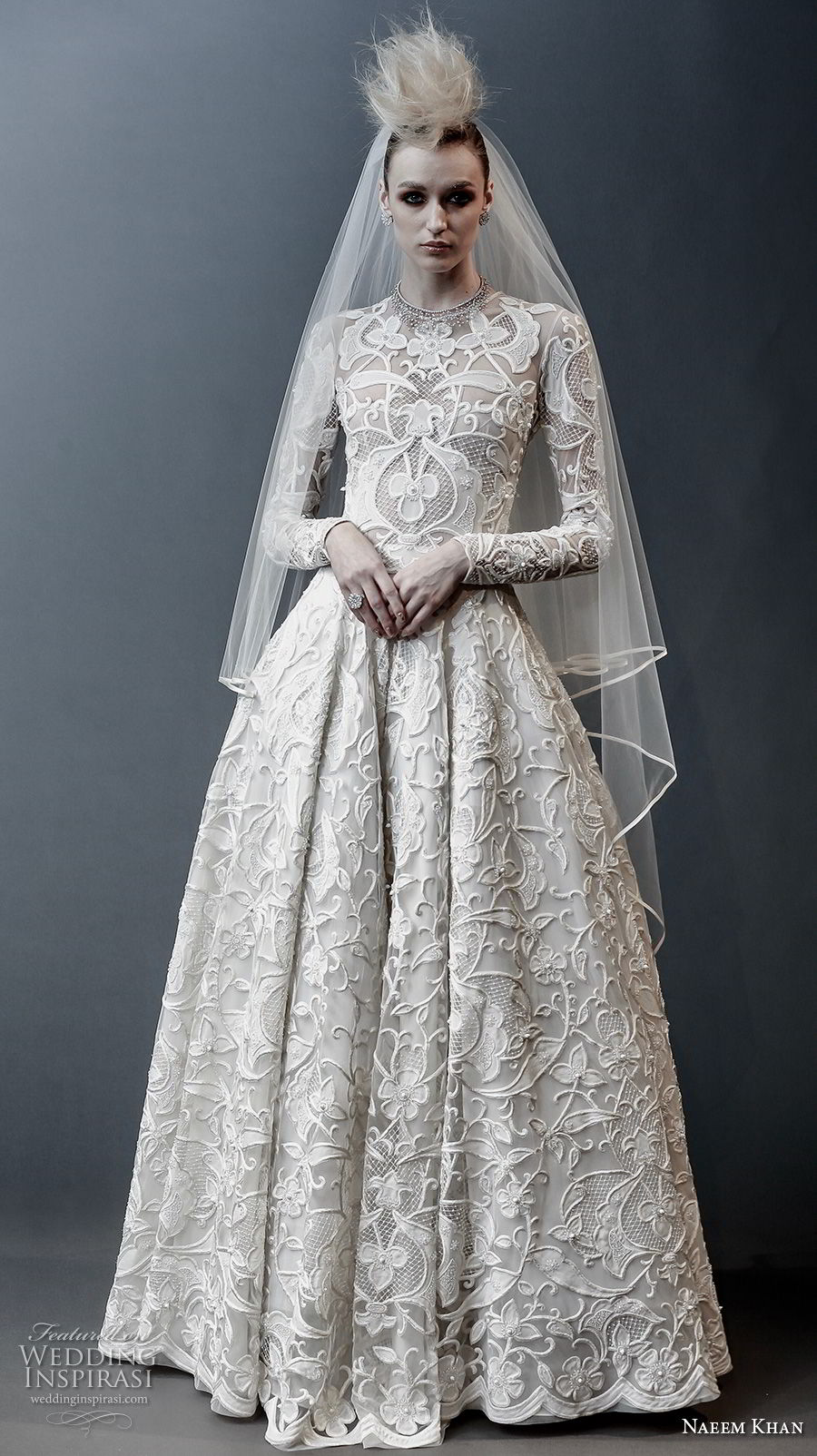 naeem khan spring 2019 bridal long sleeves jewel neck full embellishment modest princess ball gown a  line wedding dress covered lace back sweep train (1) mv