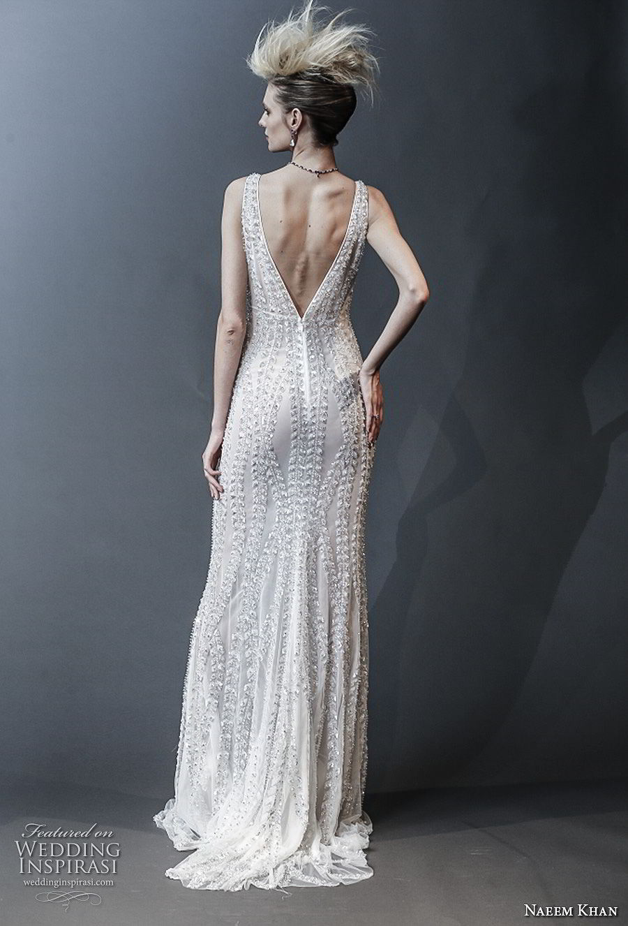 naeem khan spring 2019 bridal sleeveless v neck full embellishment glitzy glamorous column wedding dress v back sweep train (10) bv