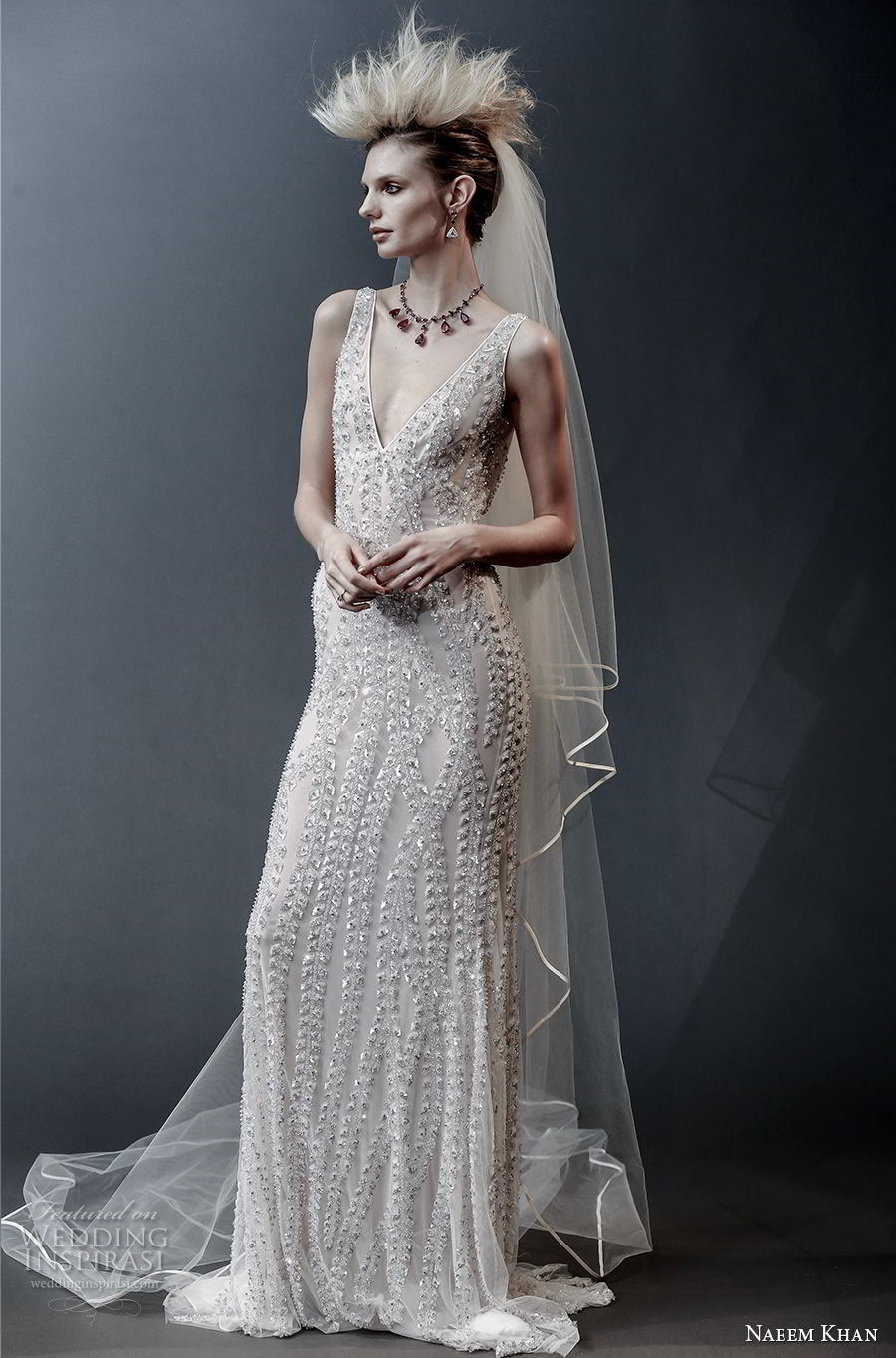 naeem khan spring 2019 bridal sleeveless v neck full embellishment glitzy glamorous column wedding dress v back sweep train (10) mv