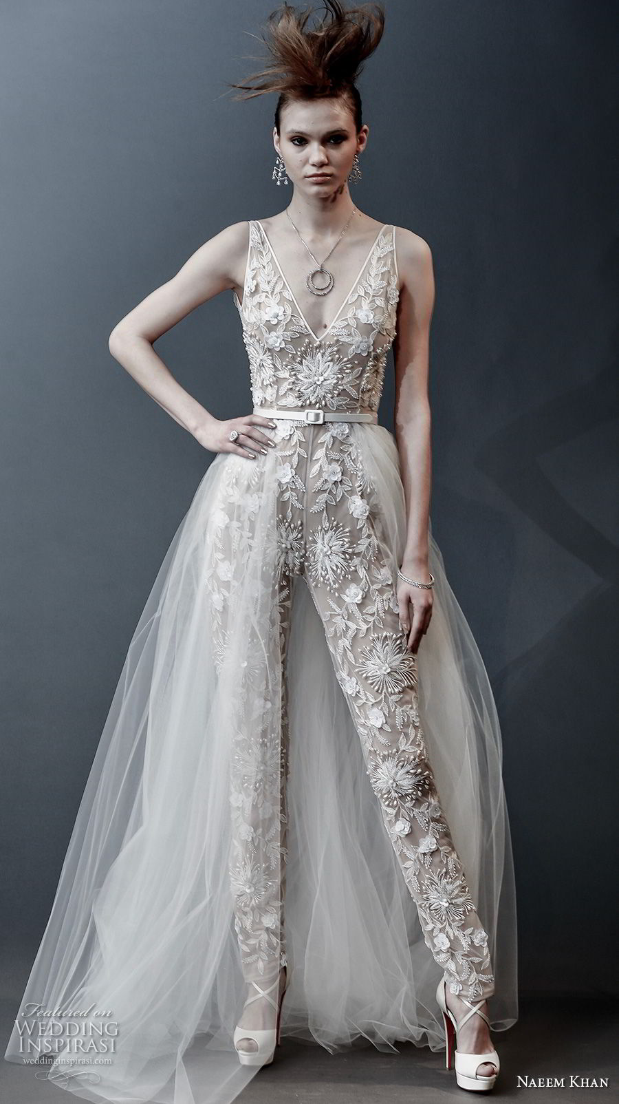 naeem khan spring 2019 bridal sleeveless v neck full embellishment modern jumpsuit wedding dress a  line overskirt open v back sweep train (12) mv