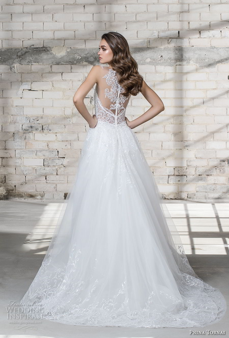 pnina tornai 2019 love bridal embellished strap deep plunging sweetheart neckline full embellishment elegant fit and flare wedding dress a  line overskirt chapel train (17) bv