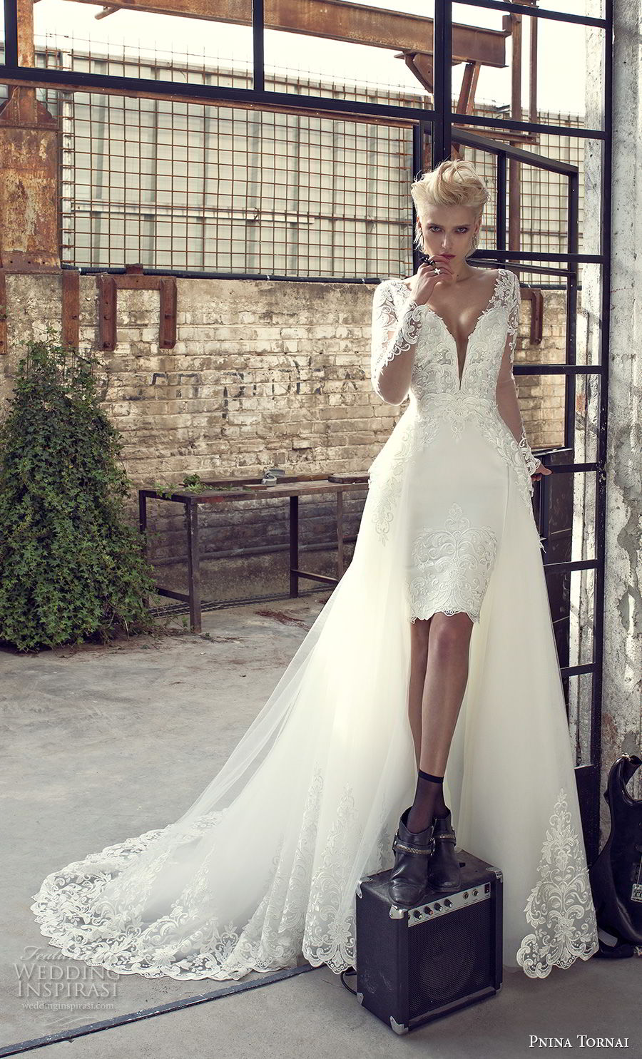 pnina tornai 2019 love bridal long sleeves deep plunging sweetheart neckline heavily embellished bodice miniskirt short wedding dress a line overskirt sheer button back chapel train (15) mv pnina tornai 2019 love bridal long sleeves deep plunging sweetheart neckline heavily embellished bodice miniskirt short wedding dress a line overskirt sheer button back chapel train (15) mv
