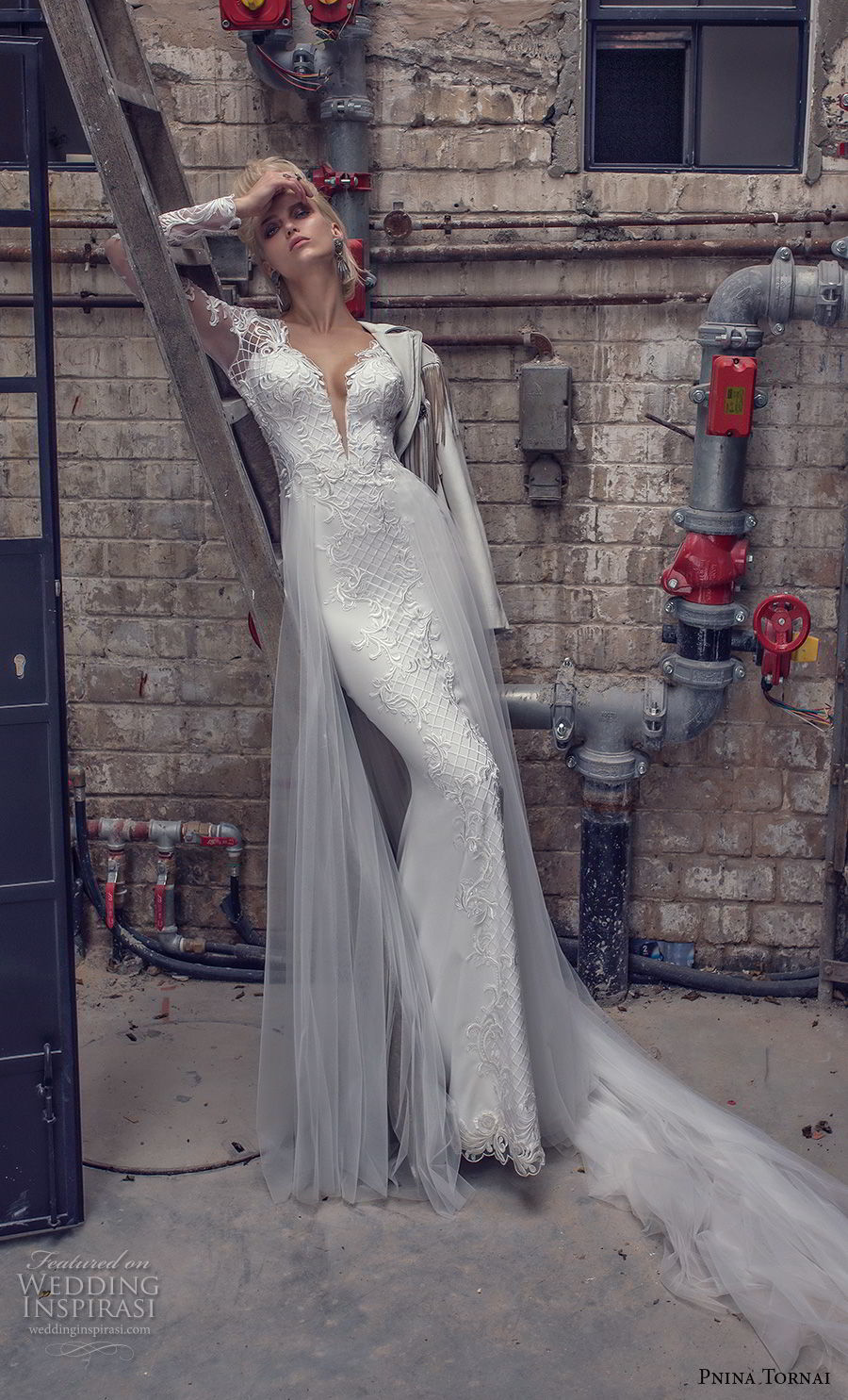 pnina tornai 2019 love bridal long sleeves deep plunging v neck full embellishment elegant fit and flare wedding dress a line overskirt chapel train (9) mv pnina tornai 2019 love bridal long sleeves deep plunging v neck full embellishment elegant fit and flare wedding dress a line overskirt chapel train (9) mv