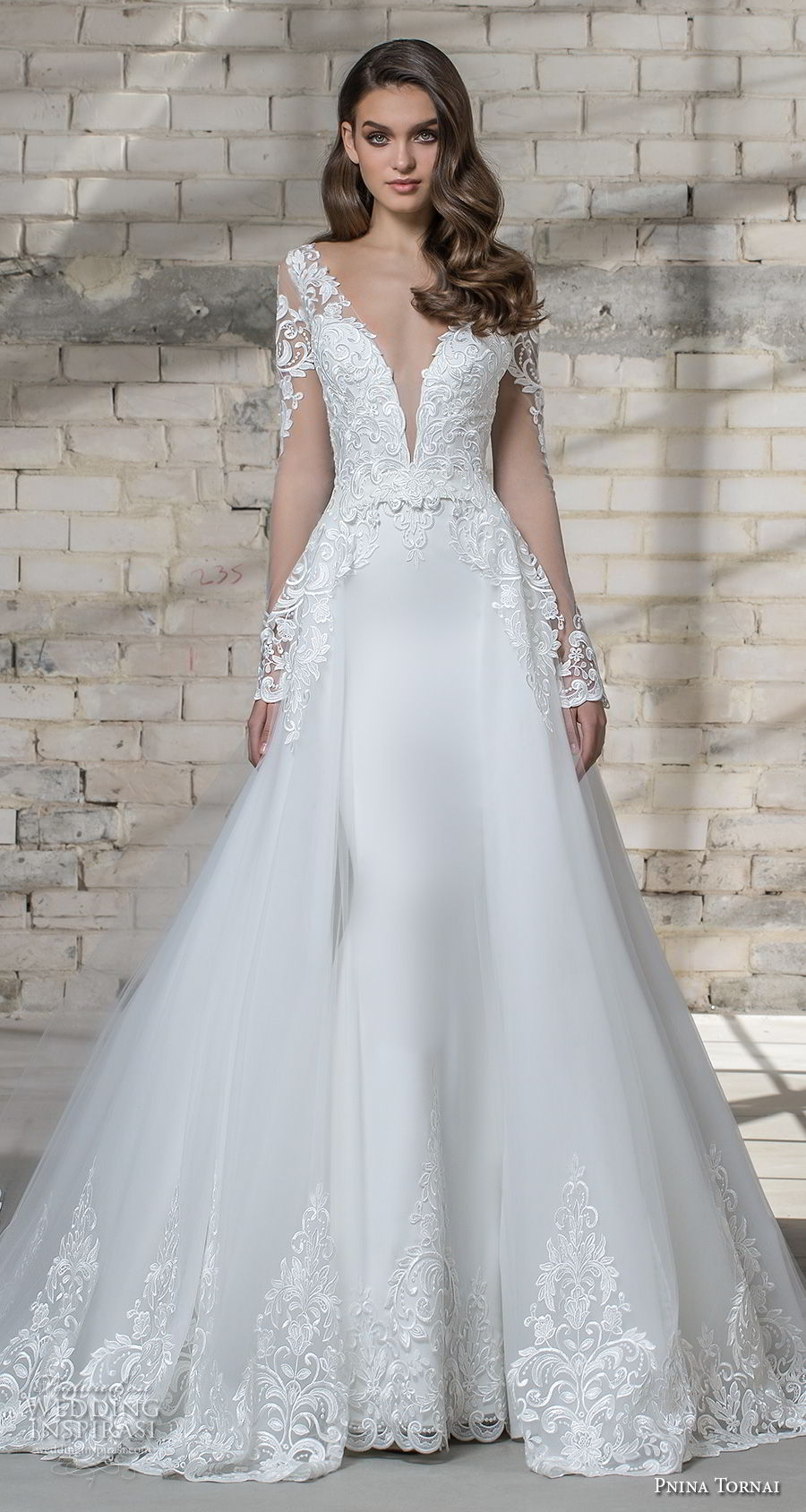 pnina tornai 2019 love bridal long sleeves deep plunging v neck heavily embellished bodice elegant princess sheath wedding dress a  line overskirt sheer button back chapel train (10) bv mv