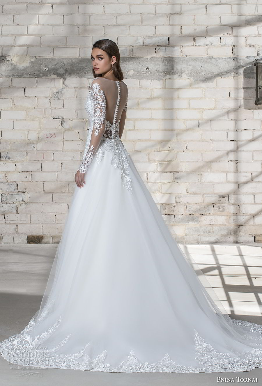 pnina tornai 2019 love bridal long sleeves deep plunging v neck heavily embellished bodice elegant princess sheath wedding dress a  line overskirt sheer button back chapel train (10) bv