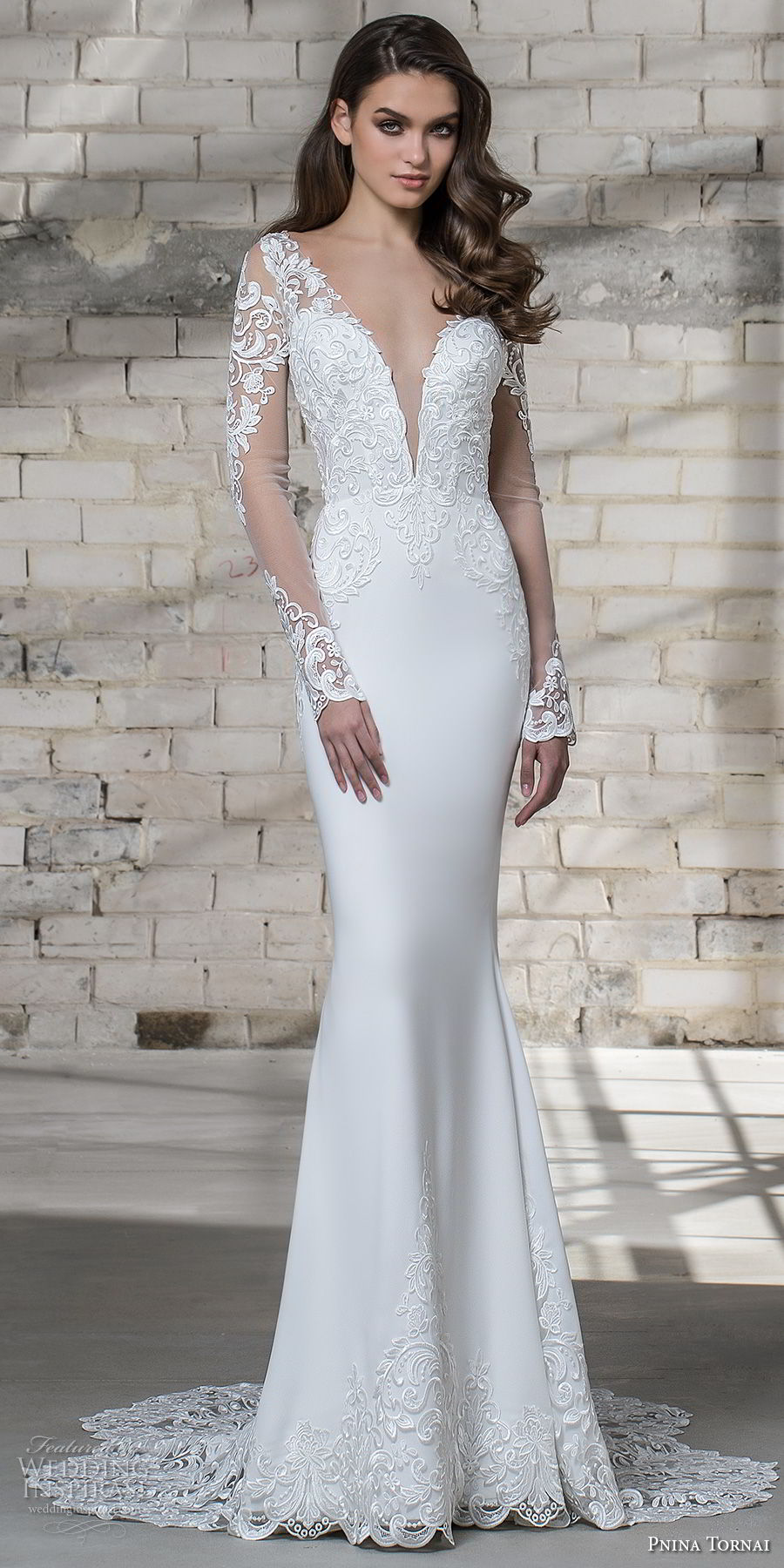 pnina tornai 2019 love bridal long sleeves deep plunging v neck heavily embellished bodice elegant sheath wedding dress sheer button back chapel train (10) fv pnina tornai 2019 love bridal long sleeves deep plunging v neck heavily embellished bodice elegant sheath wedding dress sheer button back chapel train (10) fv