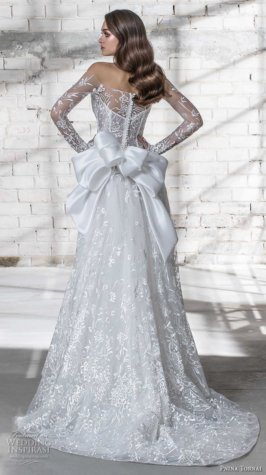 pnina tornai 2019 love bridal long sleeves off the shoulder straight across neckline full embellishment romantic modified a  line wedding dress sheer lace back sweep train (3) bv