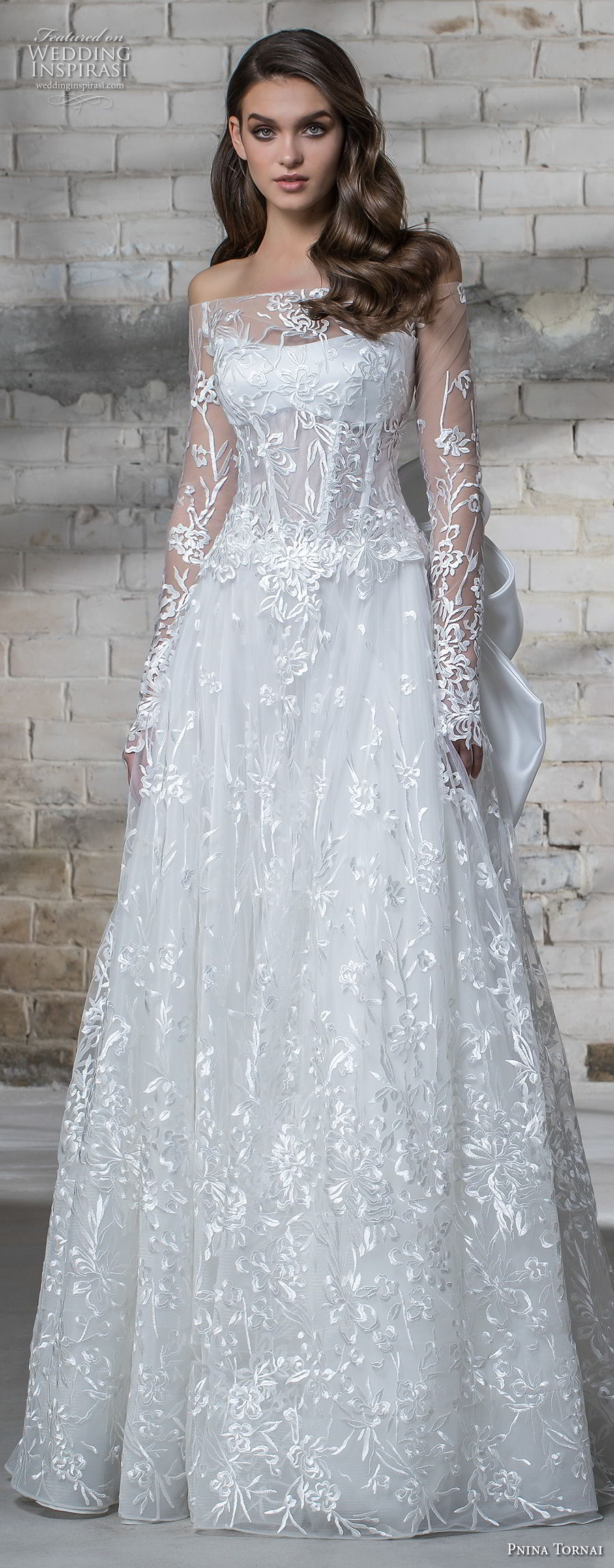 pnina tornai 2019 love bridal long sleeves off the shoulder straight across neckline full embellishment romantic modified a  line wedding dress sheer lace back sweep train (3) lv