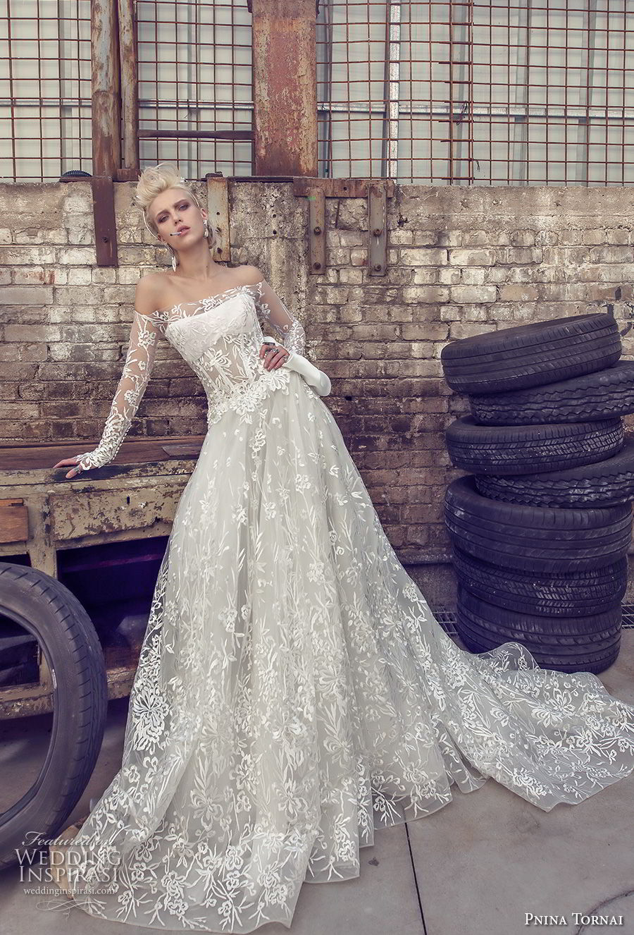 pnina tornai 2019 love bridal long sleeves off the shoulder straight across neckline full embellishment romantic modified a  line wedding dress sheer lace back sweep train (3) mv