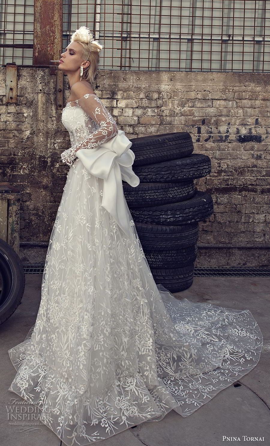 pnina tornai 2019 love bridal long sleeves off the shoulder straight across neckline full embellishment romantic modified a  line wedding dress sheer lace back sweep train (3) sdv