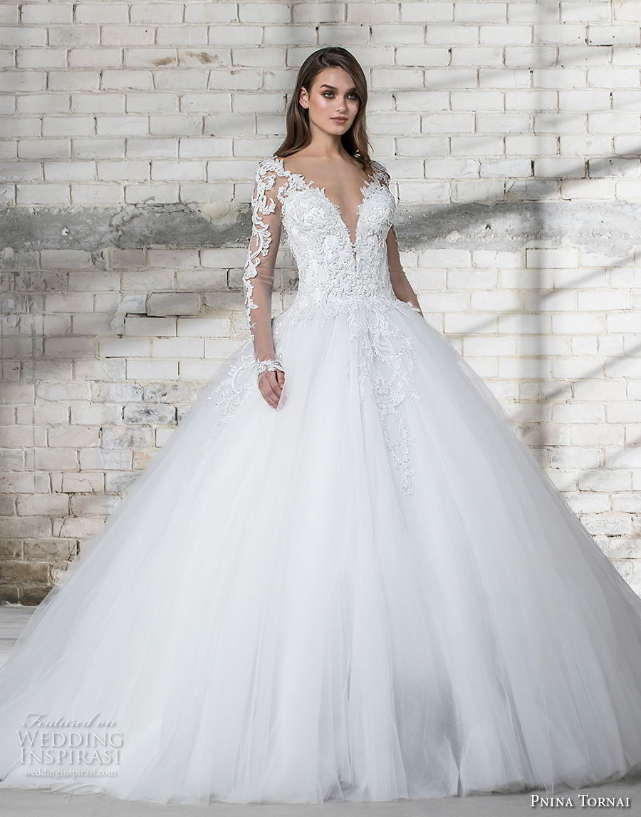 pnina tornai 2019 love bridal long sleeves sheer v sweetheart neckline heavily embellished bodice tulle skirt princess ball gown a  line wedding dress sheer button back chapel train (2) mv 