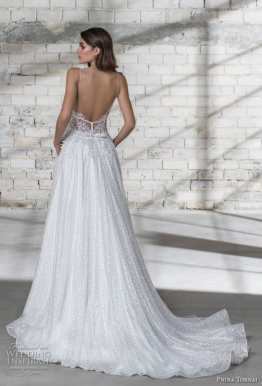 pnina tornai 2019 love bridal sleeveless deep plunging v neck light embellishment glitzy glitter romantic glamorous a  line wedding dress with pockets open back chapel train (4) bv