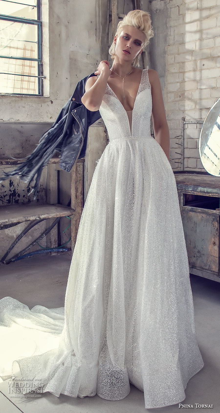 pnina tornai 2019 love bridal sleeveless deep plunging v neck light embellishment glitzy glitter romantic glamorous a line wedding dress with pockets open back chapel train (4) mv pnina tornai 2019 love bridal sleeveless deep plunging v neck light embellishment glitzy glitter romantic glamorous a line wedding dress with pockets open back chapel train (4) mv