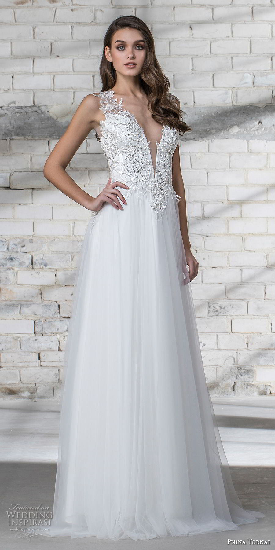 pnina tornai 2019 love bridal sleeveless thick strap deep plunging v neck heavily embellished bodice romantic modified a  line wedding dress open back panel chapel train (7) lv