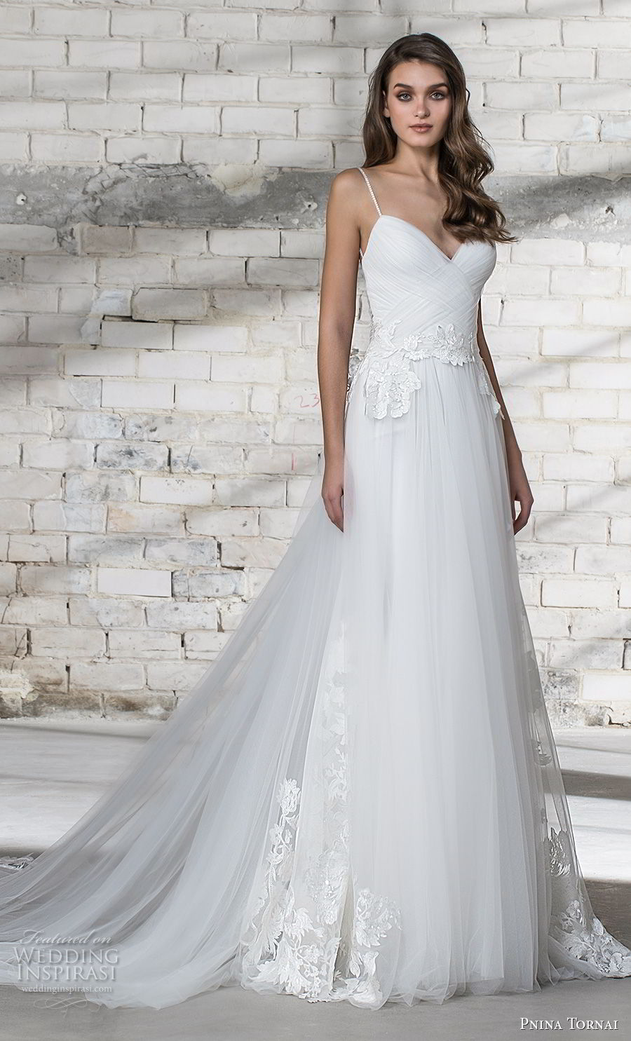 pnina tornai 2019 love bridal spaghetti strap sweetheart necklne ruched bodice tulle skirt romantic a line wedding dress open back chapel train (16) mv pnina tornai 2019 love bridal spaghetti strap sweetheart necklne ruched bodice tulle skirt romantic a line wedding dress open back chapel train (16) mv