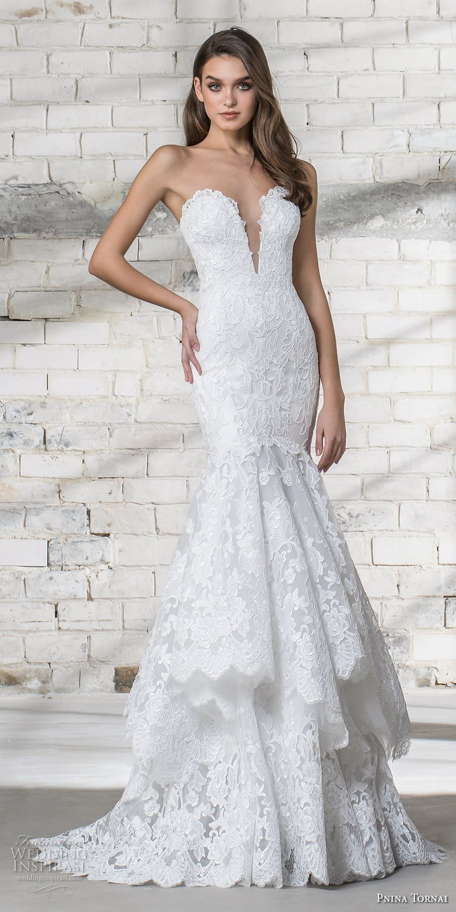 pnina tornai 2019 love bridal strapless deep plunging sweetheart neckline full embellished tiered skirt elegant romantic mermaid wedding dress corset back sweep train (14) mv pnina tornai 2019 love bridal strapless deep plunging sweetheart neckline full embellished tiered skirt elegant romantic mermaid wedding dress corset back sweep train (14) mv