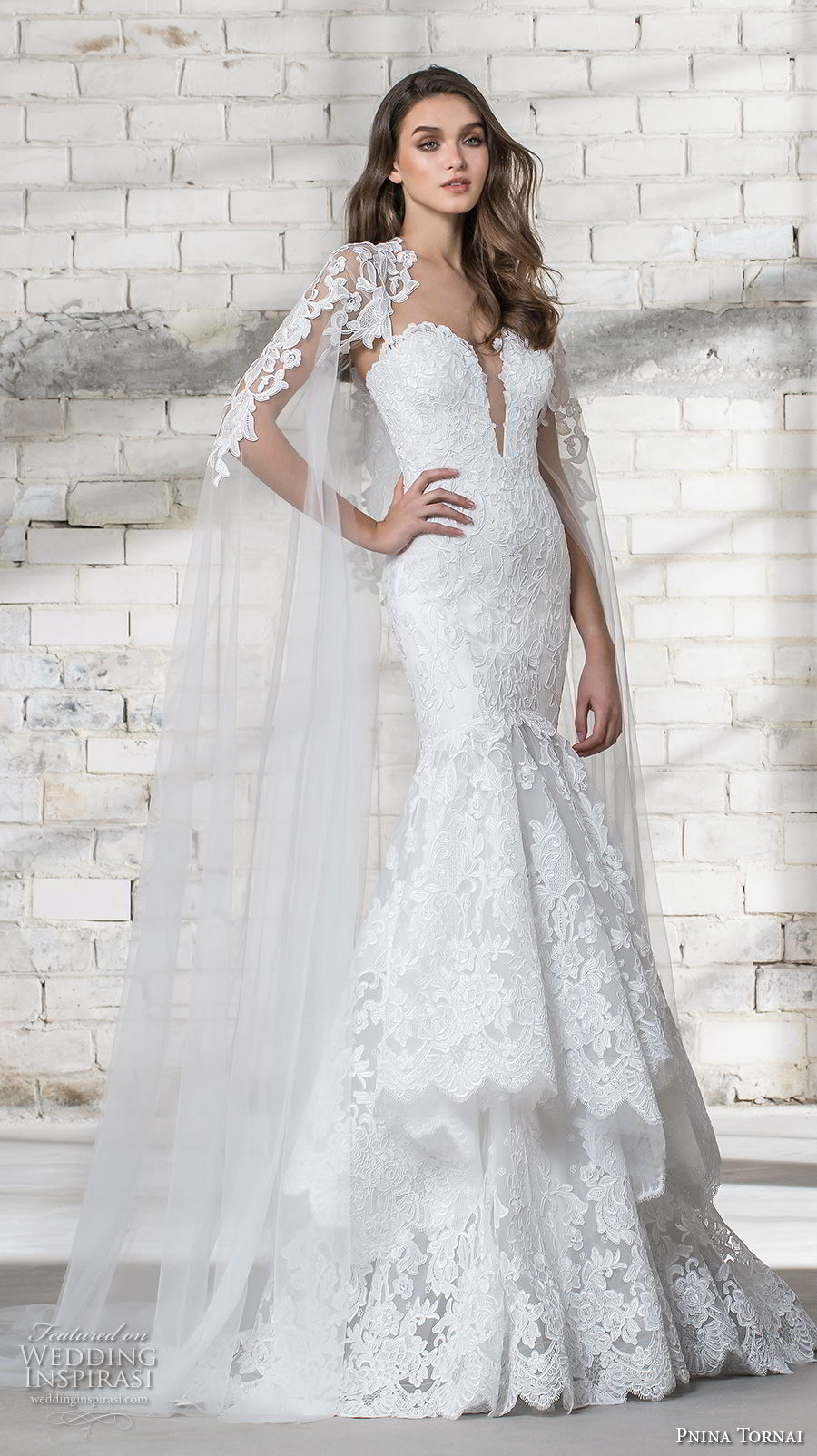 pnina tornai 2019 love bridal strapless deep plunging sweetheart neckline full embellished tiered skirt elegant romantic mermaid wedding dress with cape corset back sweep train (14) mv pnina tornai 2019 love bridal strapless deep plunging sweetheart neckline full embellished tiered skirt elegant romantic mermaid wedding dress with cape corset back sweep train (14) mv