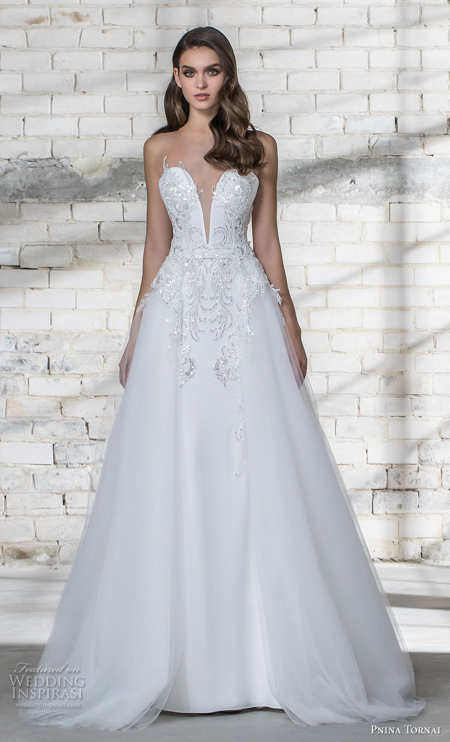 pnina tornai 2019 love bridal strapless deep plunging sweetheart neckline heavily embellished bodice glitzy romantic sheath wedding dress a  line overskirt sheer lace back chapel train (1) mv