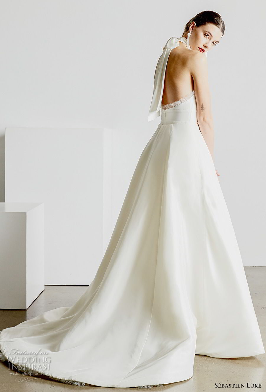 sebastien luke spring 2019 bridal halter high neck simple minimalist modern ankle jumpsuit wedding dress a  line overskirt open back chapel train (4) bv 