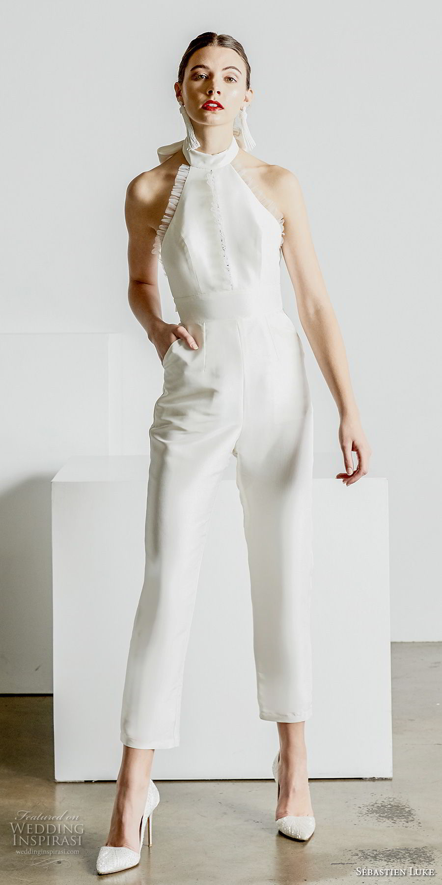 sebastien luke spring 2019 bridal halter high neck simple minimalist modern ankle jumpsuit wedding dress open back (4) mv 