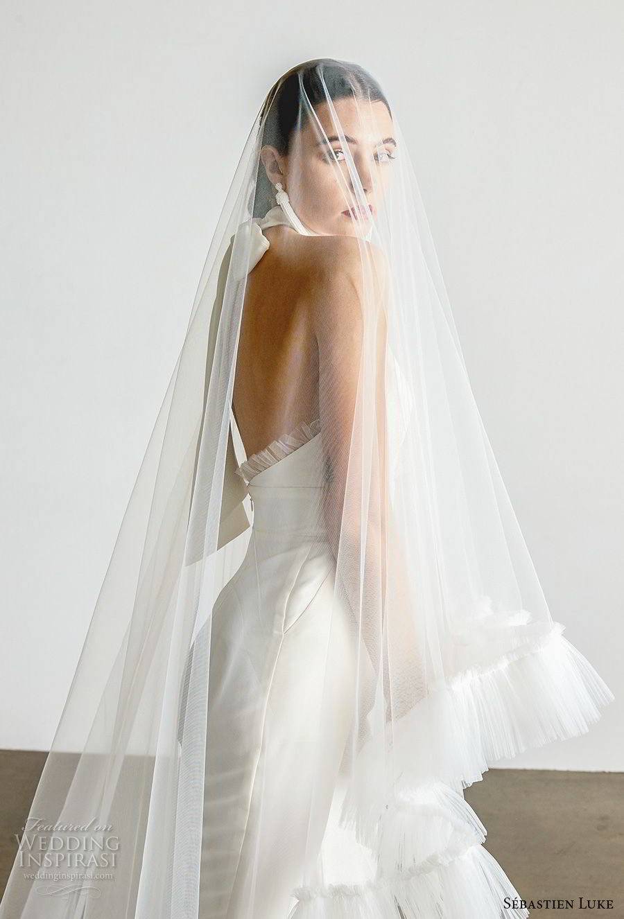 sebastien luke spring 2019 bridal halter high neck simple minimalist modern ankle jumpsuit wedding dress with veil open back chapel train (4) zbv 