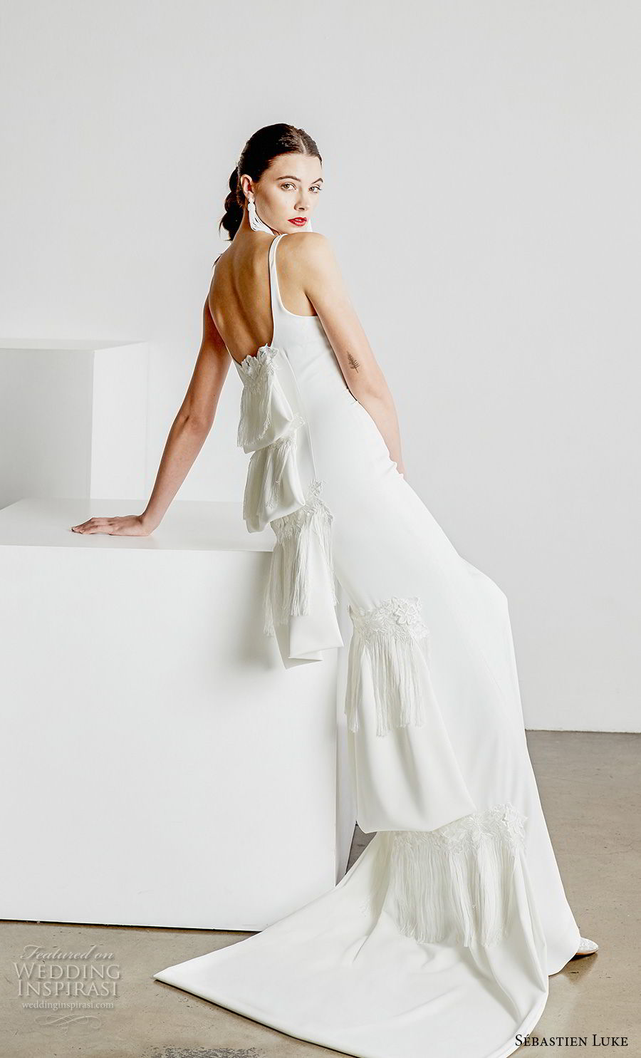 sebastien luke spring 2019 bridal sleeveless with strap scoop neckline simple minmalist elegant classic sheath wedding dress open square back short train (6) bv