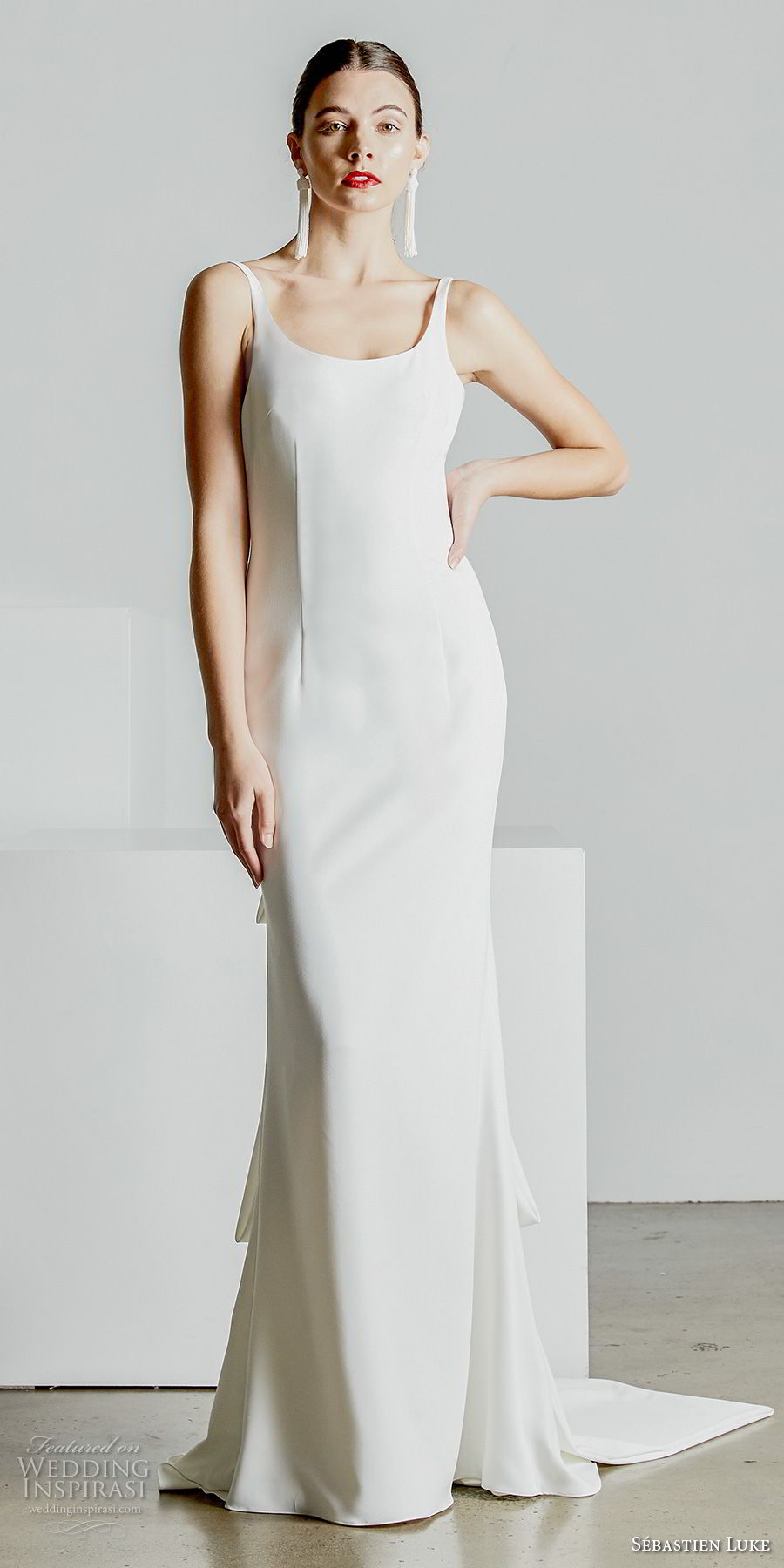 sebastien luke spring 2019 bridal sleeveless with strap scoop neckline simple minmalist elegant classic sheath wedding dress open square back short train (6) mv