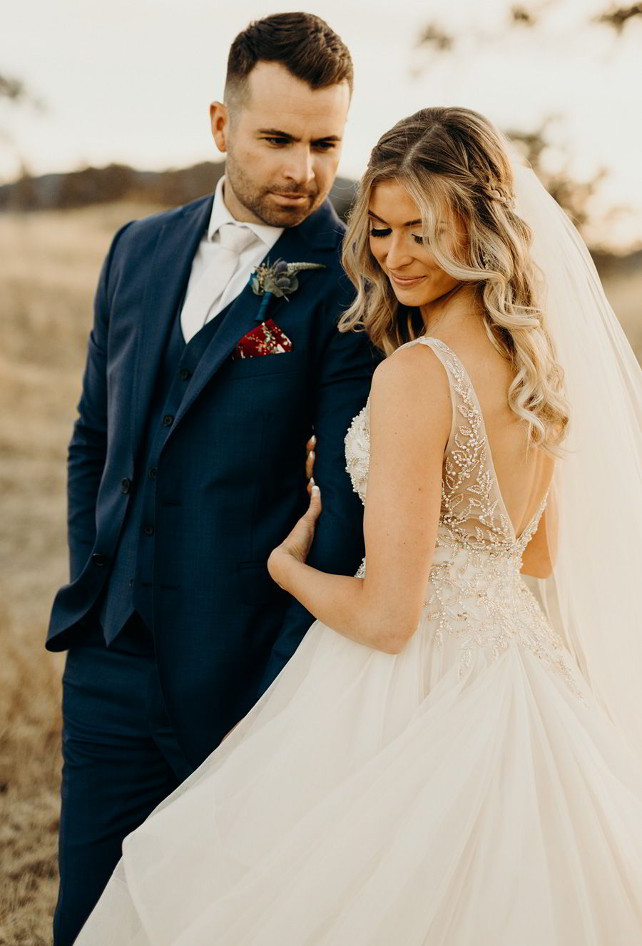 sottero midgley 2018 gold dress (amelie) sleeveless illusion vneck ball gown wedding dress colegarrettphotography photo bride melissa navy suit groom zv