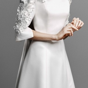 viktor and rolf spring 2019 bridal embellised three quarter sleeves bateau neckline simple minmalist elegant a  line wedding dress cape chapel train (5) lv