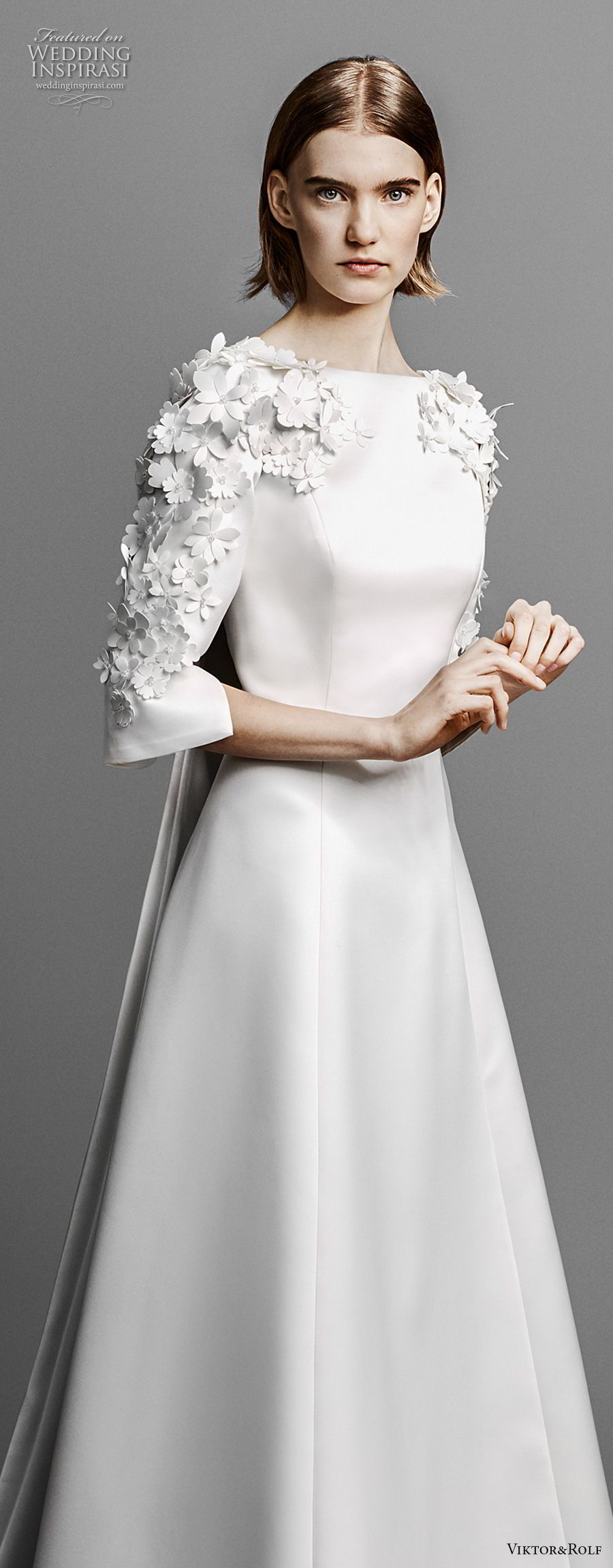 viktor and rolf spring 2019 bridal embellised three quarter sleeves bateau neckline simple minmalist elegant a  line wedding dress cape chapel train (5) lv