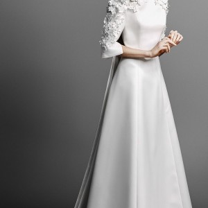 viktor and rolf spring 2019 bridal embellised three quarter sleeves bateau neckline simple minmalist elegant a  line wedding dress cape chapel train (5) mv