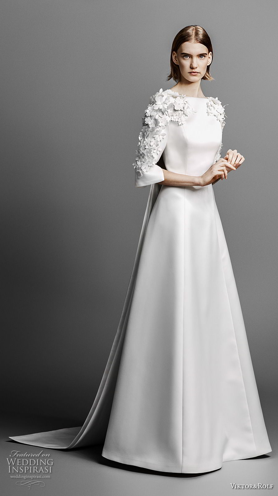 viktor and rolf spring 2019 bridal embellised three quarter sleeves bateau neckline simple minmalist elegant a  line wedding dress cape chapel train (5) mv