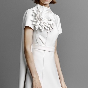 viktor and rolf spring 2019 bridal short sleeves high neck asymmetrical embellished bodice simple mini short wedding dress short cape (13) zv