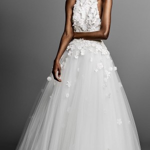 viktor and rolf spring 2019 bridal sleeveless halter jewel neck heavily embellished bodice tulle skirt romantic a  line wedding dress (6) mv