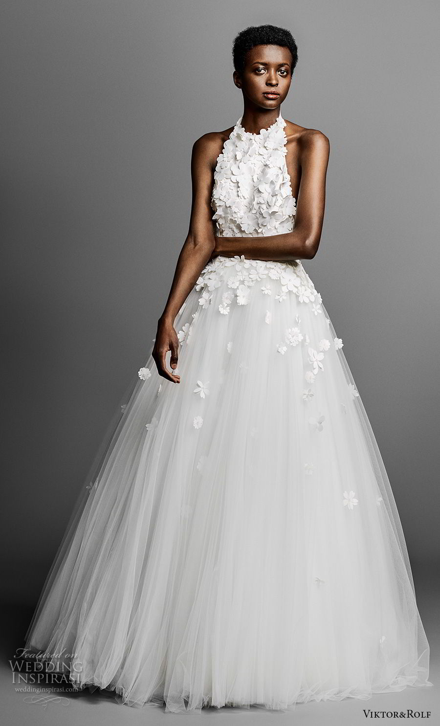 viktor and rolf spring 2019 bridal sleeveless halter jewel neck heavily embellished bodice tulle skirt romantic a  line wedding dress (6) mv