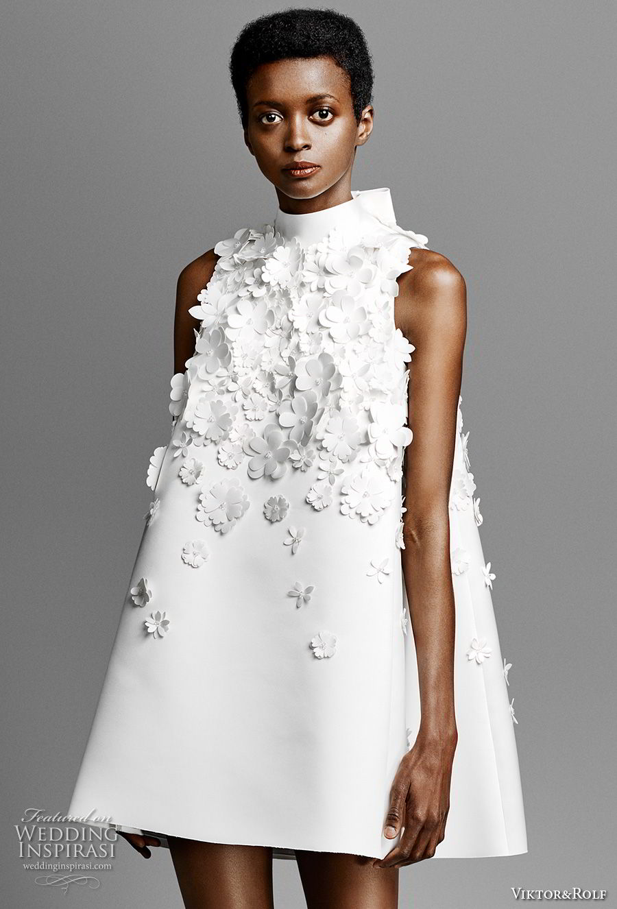 viktor and rolf spring 2019 bridal sleeveless high neck heavily embellished bodice romantic tent mini short wedding dress (12) zv