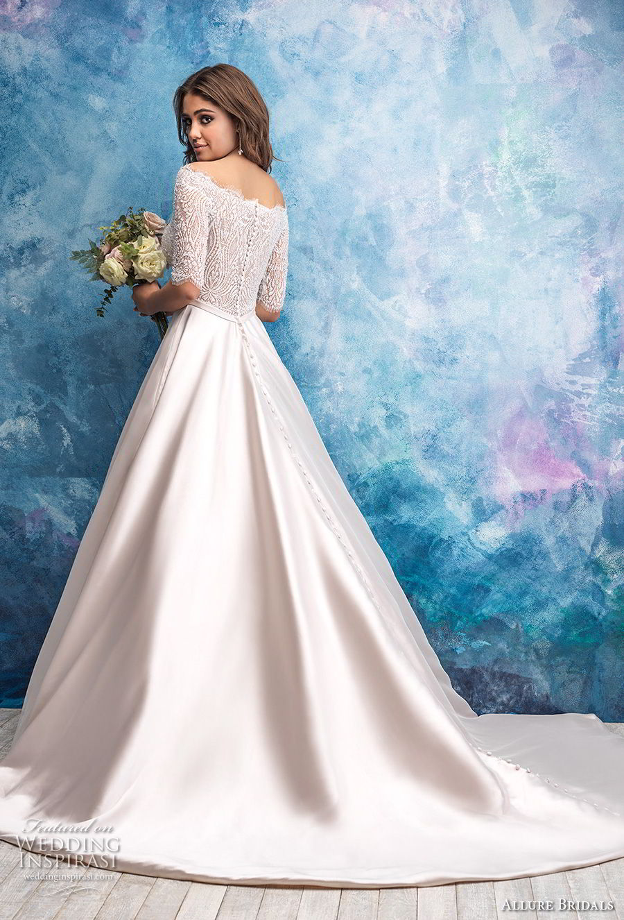 allure bridals fall 2018 bridal off the shoulder half sleeves straight across neckline heavily embellished bodice satin skirt romantic a  line wedding dress lace back chapel train (13) bv