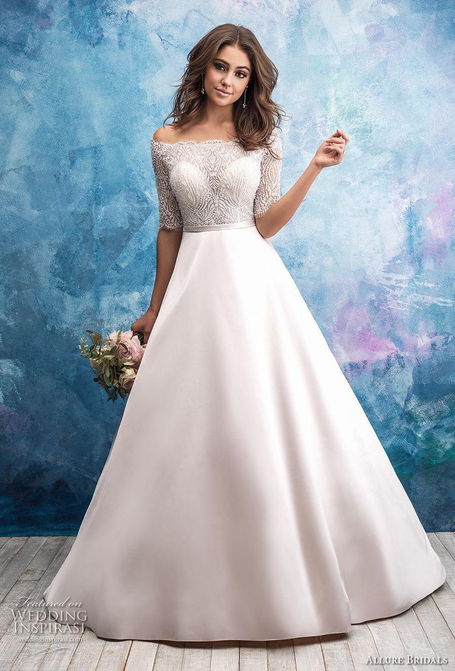 allure bridals fall 2018 bridal off the shoulder half sleeves straight across neckline heavily embellished bodice satin skirt romantic a  line wedding dress lace back chapel train (13) mv
