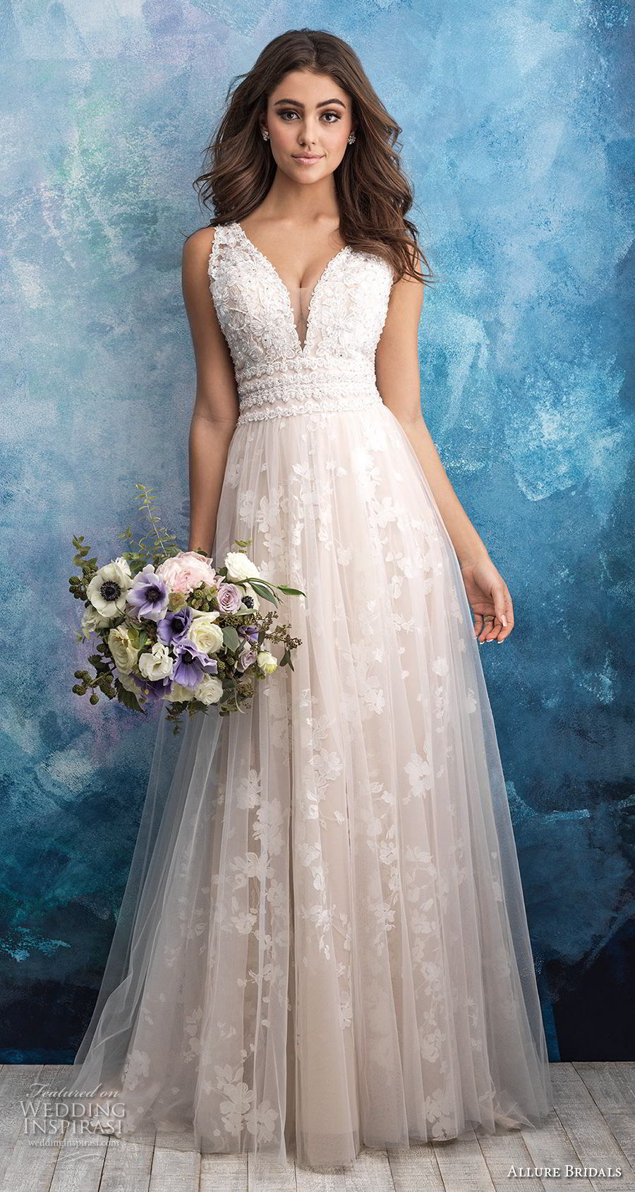 allure bridals fall 2018 bridal sleeveless deep v neck heavily embellished bodice romantic a  line wedding dress v back sweep train (16) mv